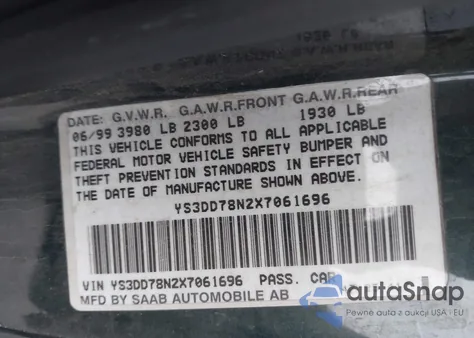 1999 Saab 9-3 from USA, damaged, VIN YS3DD78N2X7061696